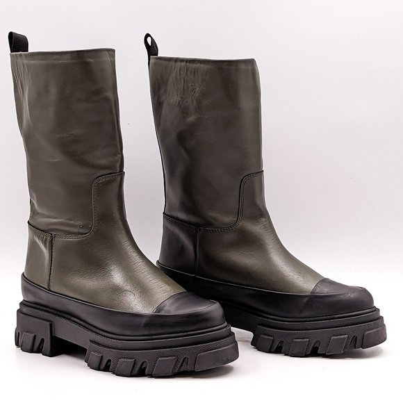 Ganni Shoes - Ganni Women Platform Mid Calf Green Black Tubular Leather Boots Size 8 US 38 EUR